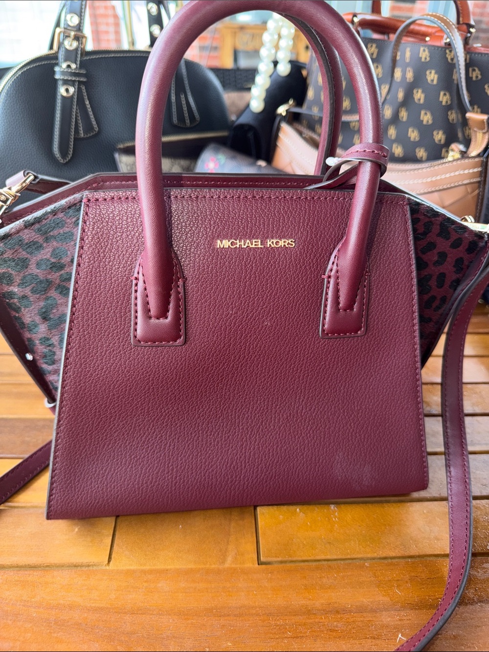 Michael Kors Burgundy Leather Satchel with Leopard-Print Panels